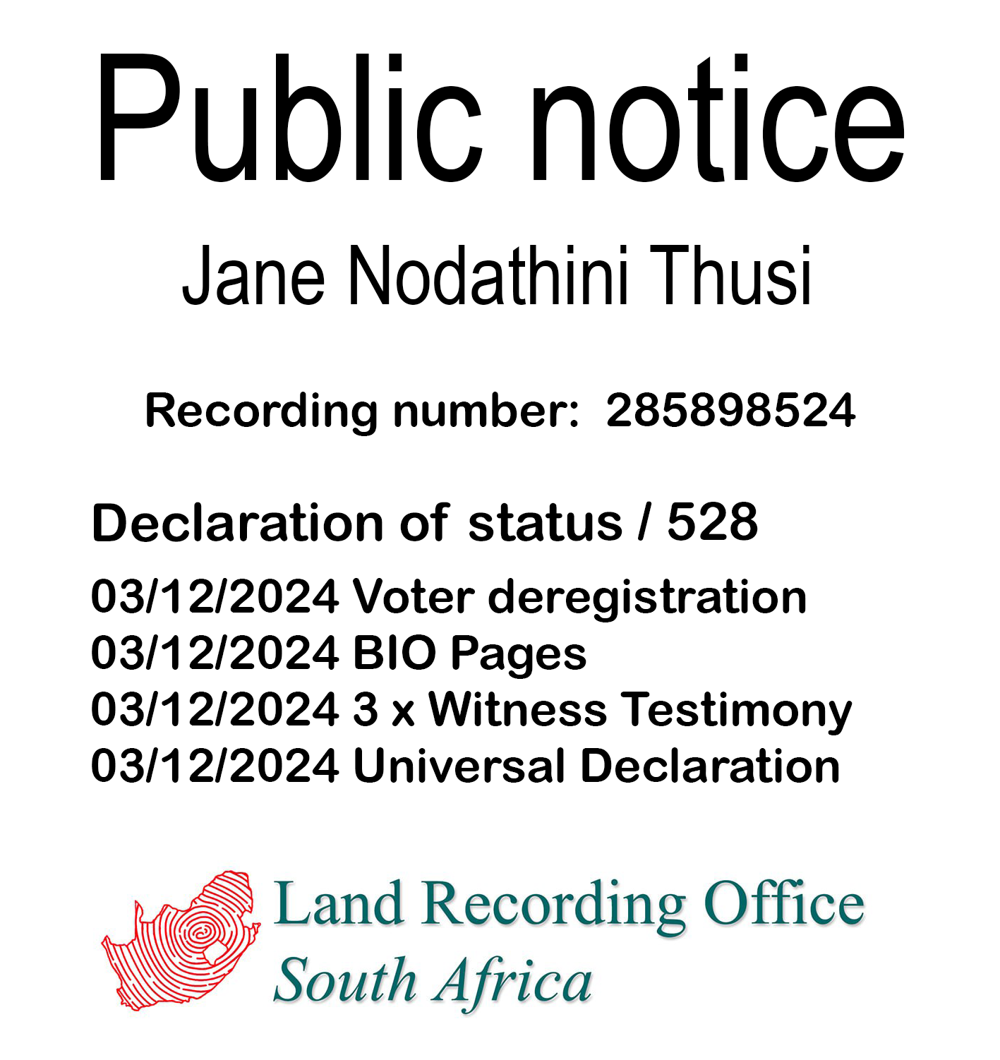 Public notice Jane Nodathini Thusi Recording number 285898524